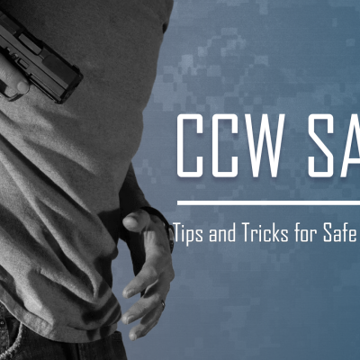 a man is scene drawing his firearm against a blue background. Text reads "CCW SAFETY: Tips and Tricks for Safe Concealed Carry"