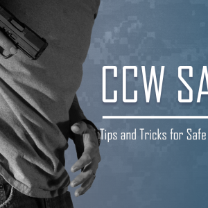 a man is scene drawing his firearm against a blue background. Text reads "CCW SAFETY: Tips and Tricks for Safe Concealed Carry"
