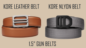 Two kore essentials gun belts are presented on a tan background with text identifying the belt types